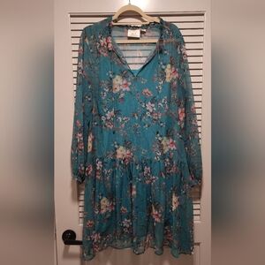 Anthropologie Maeve Teal Floral Long Sleeve Dress
